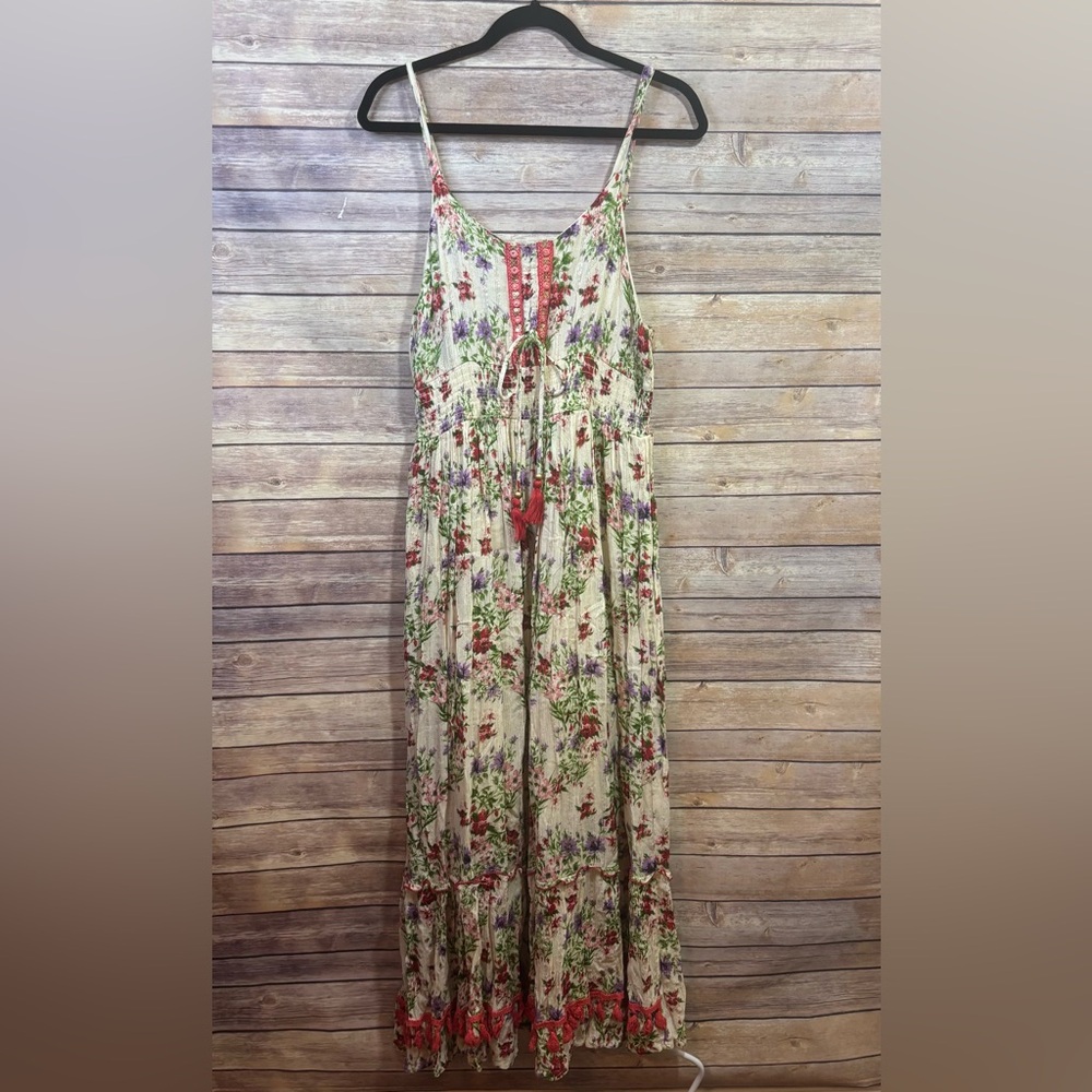 Me 2 Magic Ruffled Tiered Maxi Sundress Metallic Floral pink Purple Medium